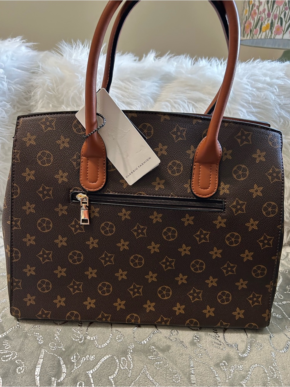 NWT Brown Monogram Tote Handbag with Gold Lock & Matching Wallet - Picture 4 of 11